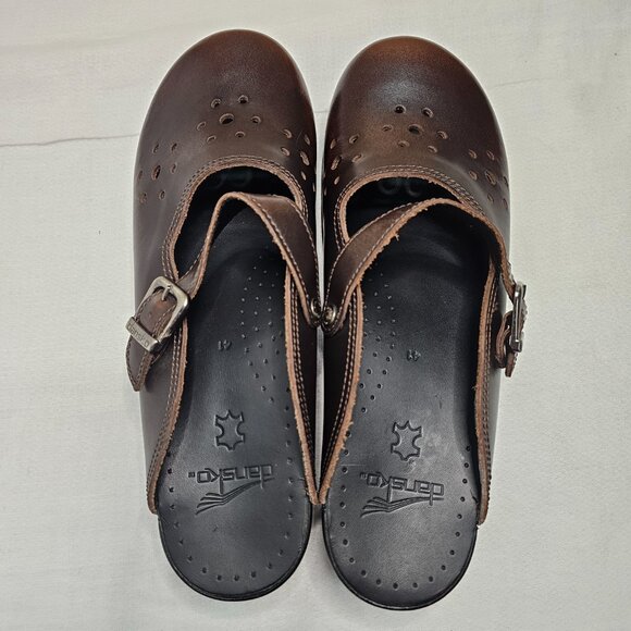 Dansko Merrie Brown Leather Laser Cut Comfort Clogs Mules Women's Size 41 - Picture 6 of 12